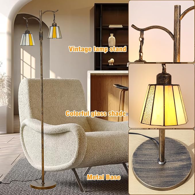 Asmymhd Vintage Dimmable Floor Lamp, Tiffany Standing Lamp with 2 Stained Glass Shades, Rustic Farmhouse Floor Lamp with Bronze Finish for Living Room Bedroom