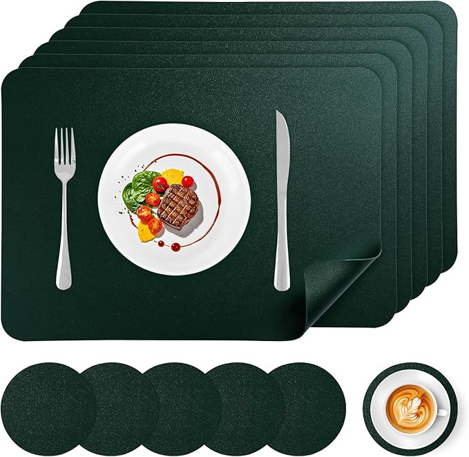 Faux Leather Placemats Set of 6, Vinyl Placemats Heat Resistant Place Mats, Waterproof Oil-Proof Wipeable Dining Table Mats and Coasters for Kitchen, Indoor, Outdoor (Deep Green)