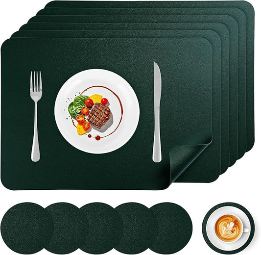 Faux Leather Placemats Set of 6, Vinyl Placemats Heat Resistant Place Mats, Waterproof Oil-Proof Wipeable Dining Table Mats and Coasters for Kitchen, Indoor, Outdoor (Deep Green)