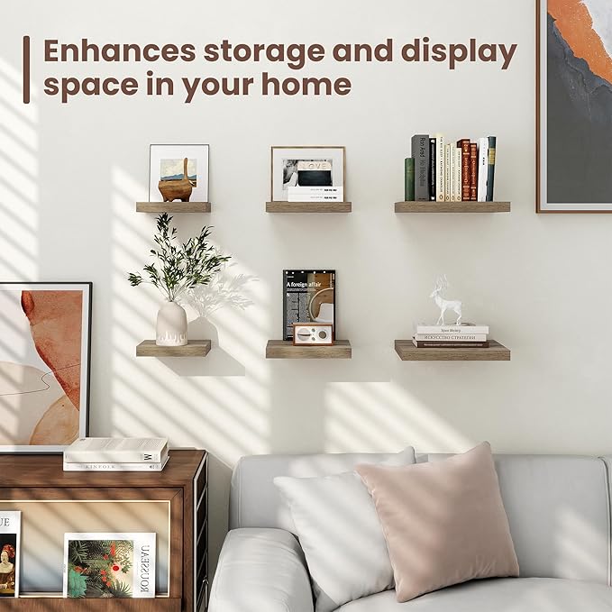 Fun Memories Square Floating Shelves for Wall - 9.3 Inch Deep Floating Shelves with Invisible Brackets, Grey Small Wall Shelf for Living Room, Bathroom, Bedroom, and Kitchen Decor，Set of 4