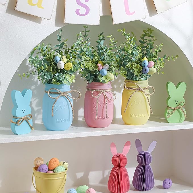 Easter Decorations, Mason Jar Centerpiece for Dinning Table with Wood Tray & Easter Eggs Decor, Table Decor for the Home, Spring Decorations for Home