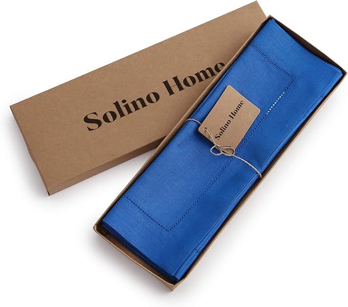 Solino Home Linen Placemats Set of 4 - Classic Hemstitch Royal Blue Placemats 14 x 19 Inch - 100% Pure Linen Table Mats for Winter, Spring