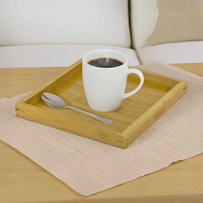 Bam & Boo Natural Bamboo Serving Tray Modern Square (Bamboo, 9.75” x 9.75" x 1.2") for Food, Drinks, Decor, Vanity in Home, Kitchen, Bathroom, Coffee Table, Bed