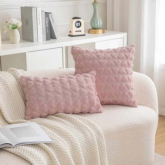 AQOTHES Set of 2 Heart Love Cute Dark Pink Decorative Valentines Throw Pillow Covers 12x20, Soft Plush Faux Fur Pillow Covers for Couch Sofa Home Valentines Day Decoration