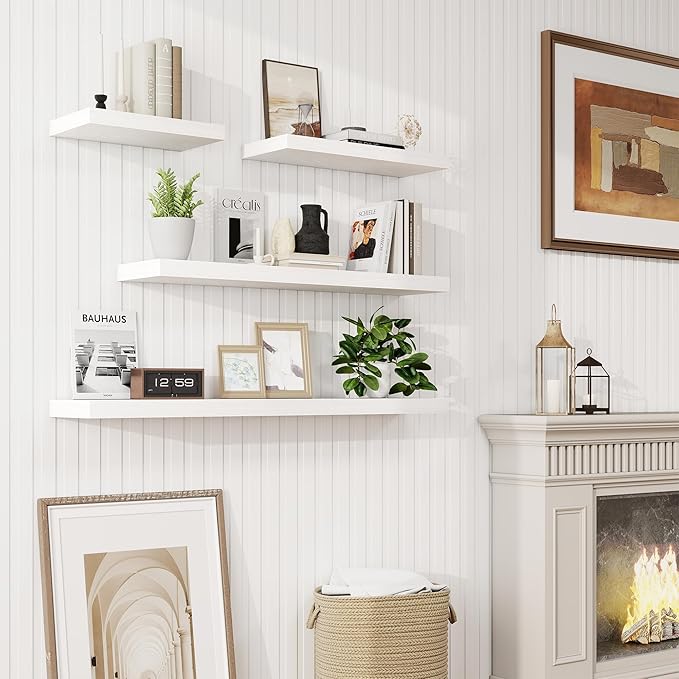 36in Floating Shelves for Wall, 36"W x 9.25"D x 1.25"H, 2 Pack Long Wall Mounted Engineered Wood Shelves with Invisible Brackets for Living Room, Bedroom, Bathroom, Kitchen Decor and Storage, White
