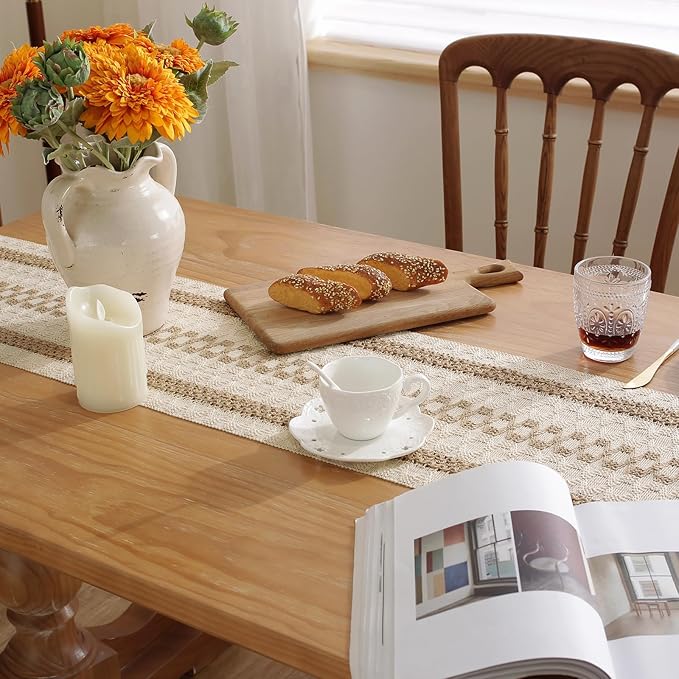 Niviy Boho Table Runner with Tassels 12 x 36 Inches Long, Cream & Brown Rustic Farmhouse Table Runner with Tassels for Home Kitchen Holiday Party and Wedding Decor Runner
