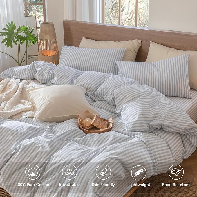 MooMee Striped Duvet Cover Set 100% Washed Cotton Linen Like Textured Breathable Durable Soft Comfy (Cornflower Blue White Classic Stripes, King 104"x90")