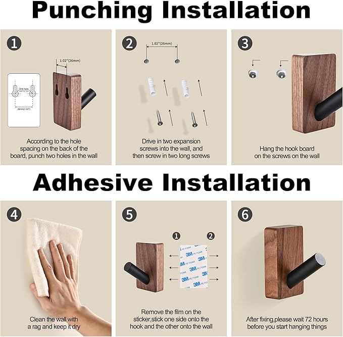 6 Pack Wooden Wall Hooks for Hanging, Adhesive Mounted & Wall Mounted Boho Decorative Walnut Wood Coat Hooks for Towel Clothes Blanket Hat Backpack Robe Nursery Door Board Entryway Key Holder