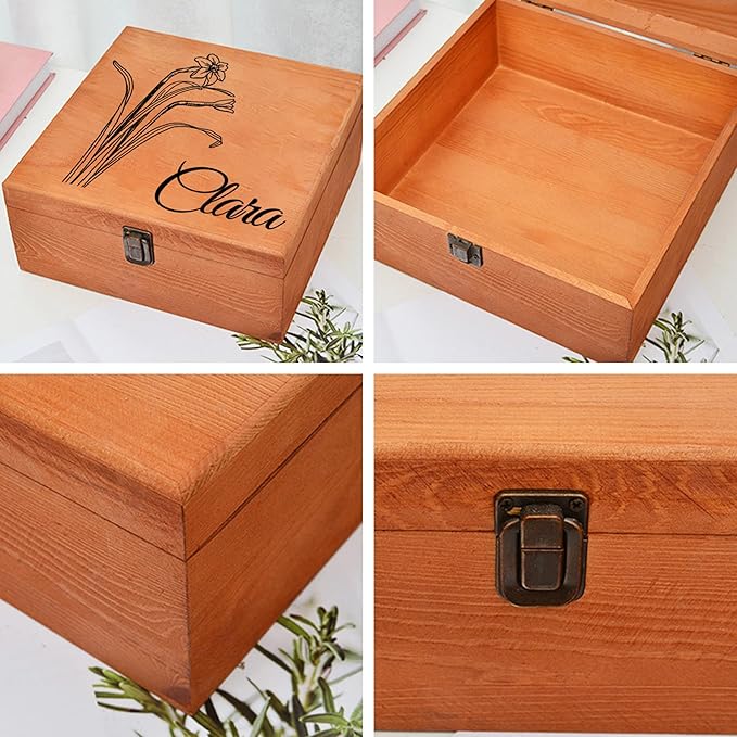 Personalized Wooden Keepsake Memory Box with Birth Flower & Name, Custom Wood Decorative Storage Box with Lids Customized Christmas Gift Box for Women Teen Girls Mom Birthday Gifts