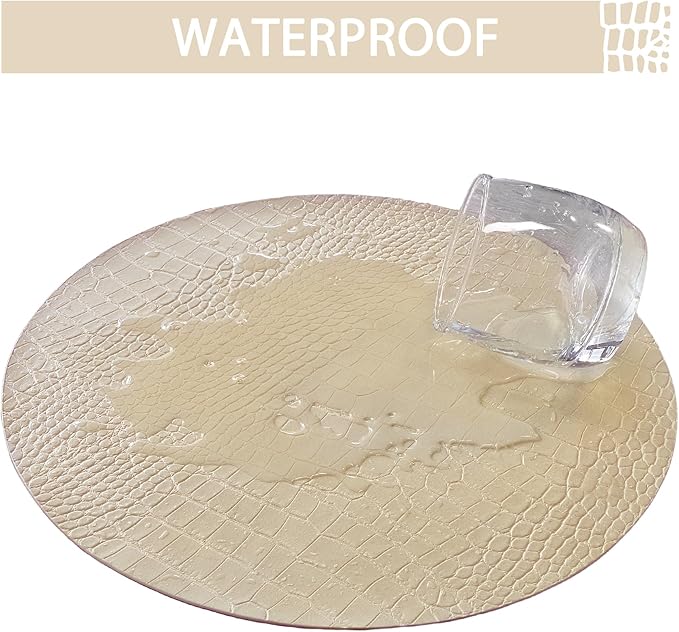 Jovono Round Leather Placemats for Round Tables Set of 8, Beige Place Mats and Coasters, Wipeable Waterproof Heat Resistant Table Mats Easy to Care for Indoor Decor 14 inch Diameter