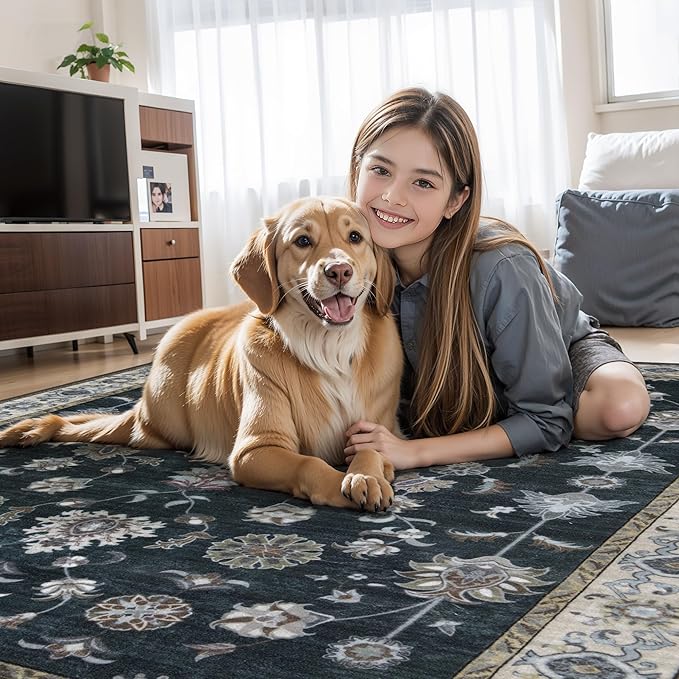 Tangsoo 2.6x8 Hallway Runner Rug, Floral Vintage Washable Non-Slip Runner Rug for Hallway Entryway Indoor, Black Print Carpet,Soft Low Pile Long for Kitchen Bedroom
