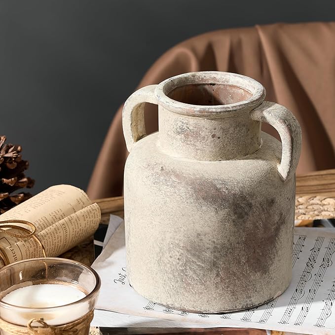 Emotionally Grounded Vase, Vaseking Ceramic Rustic Vase with 2 Handles, 6.1 inch Minimalist Decorative Farmhouse Vases for Home Decor, Living Room, Enterway, Table Decoration, Neutral