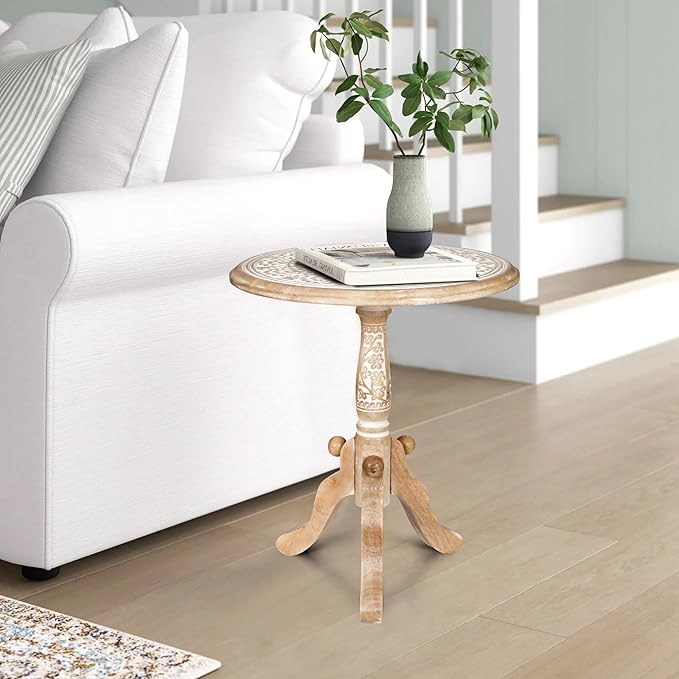 The Wooden Town Round End Table, 18x21 Inch, White Wash, Handcrafted Engraved Carved Side Table with Pedestal Base, Solid Mango Wood