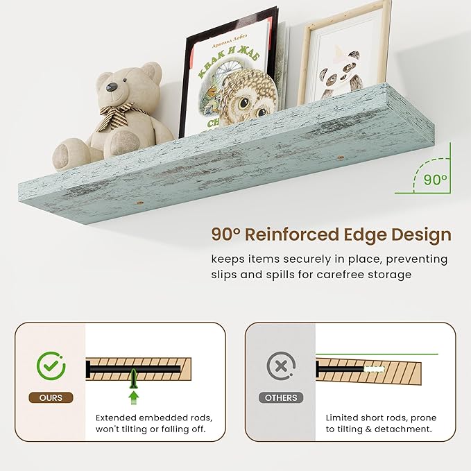 40in Floating Shelves for Wall, 40"W x 9.25"D x 1.25"H, 2 Pack Long Wall Mounted Engineered Wood Shelves with Invisible Brackets for Living Room, Bedroom, Bathroom, Kitchen Decor and Storage, Blue