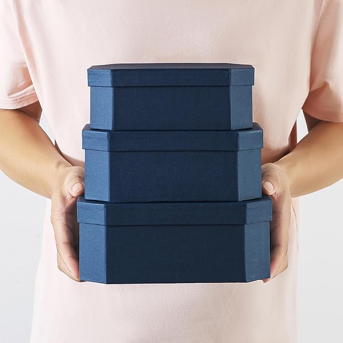 Soul & Lane Octagon Textured Decorative Boxes in Navy Blue, Set of 3 Unique Nesting and Durable Cardboard Memory Storage Boxes for Organizing, Gifts, Keepsakes