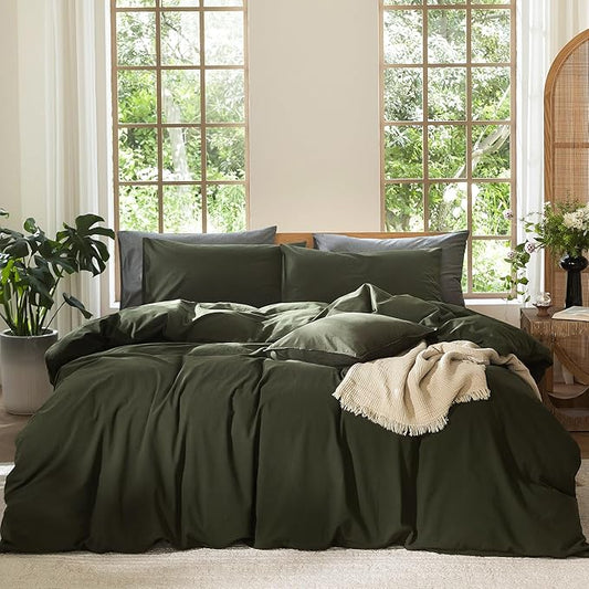 MooMee Bedding Duvet Cover Set 100% Washed Cotton Linen Like Textured Breathable Durable Soft Comfy (Solid Olive Green, Oversized Queen 98"x98")
