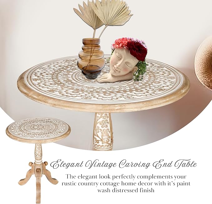 The Wooden Town Round End Table, 18x21 Inch, White Wash, Handcrafted Engraved Carved Side Table with Pedestal Base, Solid Mango Wood