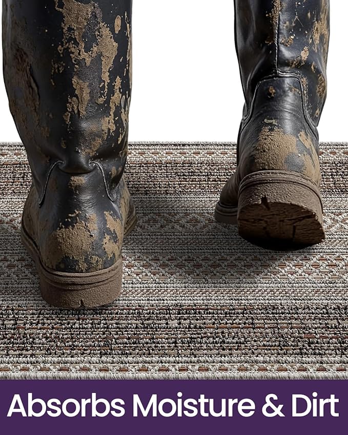 DEXI Dirt Trapper Door Mat, 20x31 Washable Doormat, Dirt Resistant and Absorbent, Easy Clean Low-Profile Floor Rugs for Entryway, Front Door, and Inside Entrance, Striped Brown