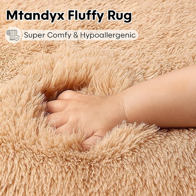 Mtandyx Fluffy Plush Shag Rug 5x7, Ultra Soft Rug for Living Room Bedroom, Non-Slip Fuzzy Area Rug for Living Room, Carpet for Girl Boy Kids,Modern Indoor Home Decor Aesthetic,Beige