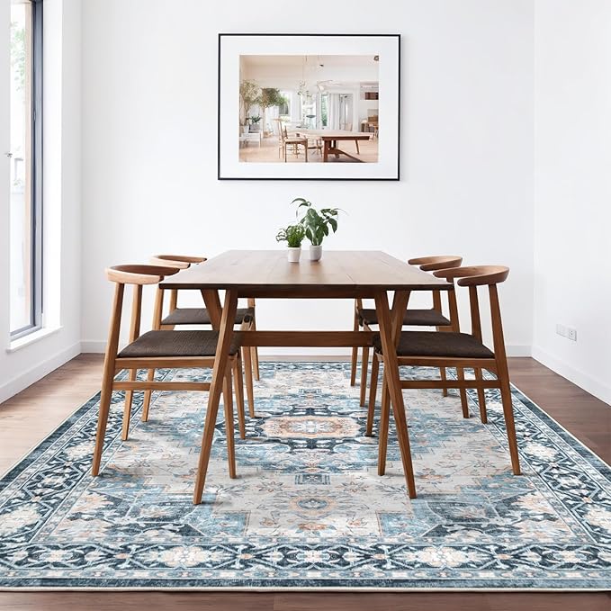 Dotiiorug Washable 6×9 Area Rug for Living Room, Vintage Floral Rug Soft Non Slip Stain Resistant Boho Carpet for Indoor Bedroom Dinning Room Home Office Blue/Ivory