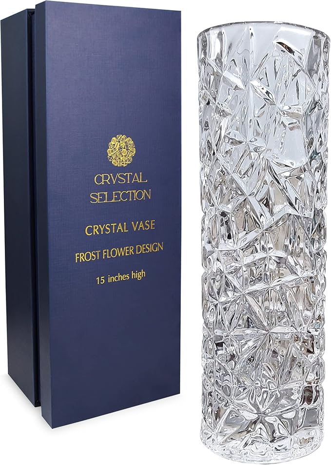 CS Crystal Vase 15-inch high, Frost Flower Design, for Flowers & Decor. Lovely Nice Shiny Piece. Perfect as a Gift, Suitable for All Occasions.