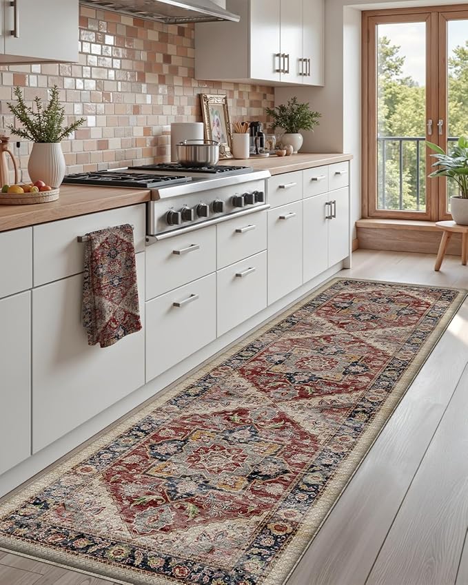 DEXI Kitchen Floor Mats Anti Fatigue, 17x59 Cushioned Vintage Runner Rug Waterproof, Standing Comfort Memory Foam Padded for Front Sink Laundry Office, Beige and Red