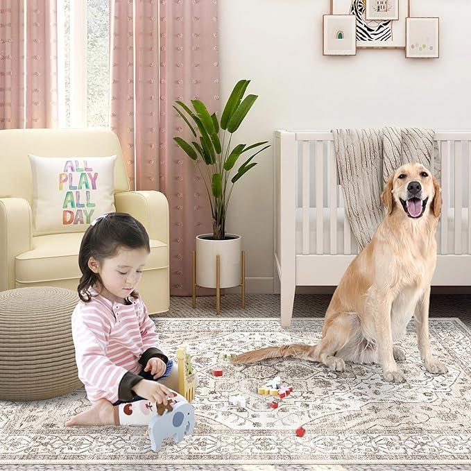 Fortsea 5'x7' Machine Washable Abstract Design Area Rug Machine Washable Area Rugs 5X7, Non Slip, Stain Resistant, Home Decor Living Room Area Rugs 5x7 (Beige Cream 5x7)…