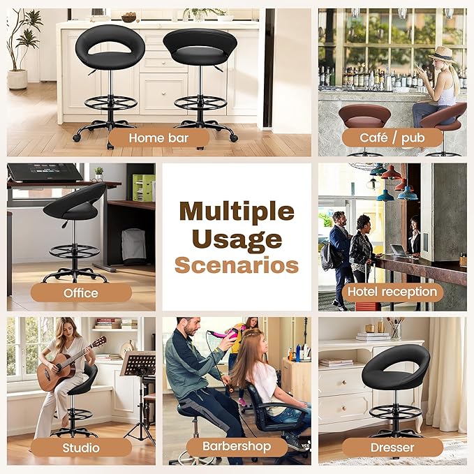 Office Drafting Chair - Bar Stools with Back Support, Adjustable Foot Rest and Wheels, Shop Rolling Swivel Chair for Standing Desk Counter Kitchen Salon Home Vanity, Black