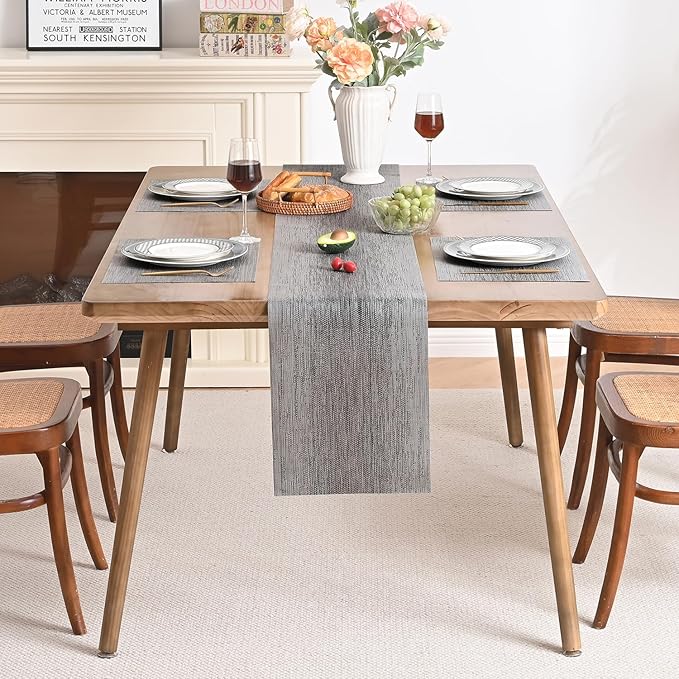 Leetaltree Grey Table Runner and Placemats Set of 5, Heat Resistant Non-Slip Place mats for Dining Table, Washable Durable PVC Vinyl Woven Table Mats Set