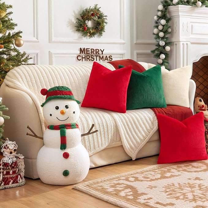 Pallene Faux Fur Plush Christmas Throw Pillow Covers 18x18 Set of 2, Soft Fluffy Couch Pillow Covers for Living Room, Christmas Green