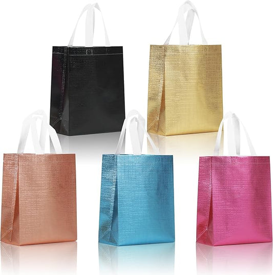 cabzymx 10 Pcs Glossy Small Gift Bags Set with Cardboard Bases, Multicolor Reusable Party Goodie Bags with Metallic Bling for Birthday, Wedding, Christmas, Parties- Blue, Rose Gold, Pink, Gold, Black
