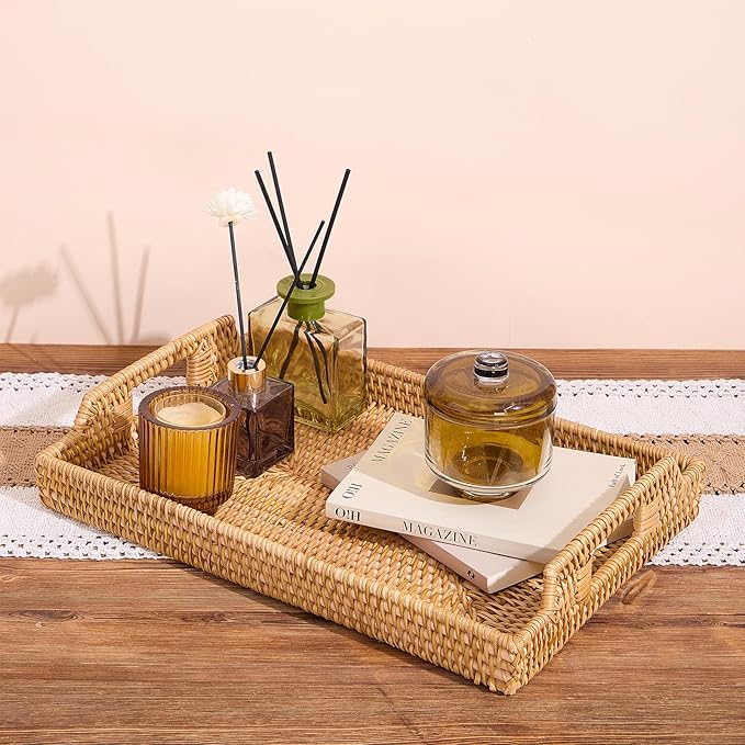 Rattan Rectangular Serving Tray with Handles, Hand-Woven Wicker Decorative Tray for Coffee Table,Vintage Boho Style Decor for Dining, Kitchen, Bathroom, Outdoor(17"x11.4"x1.9")