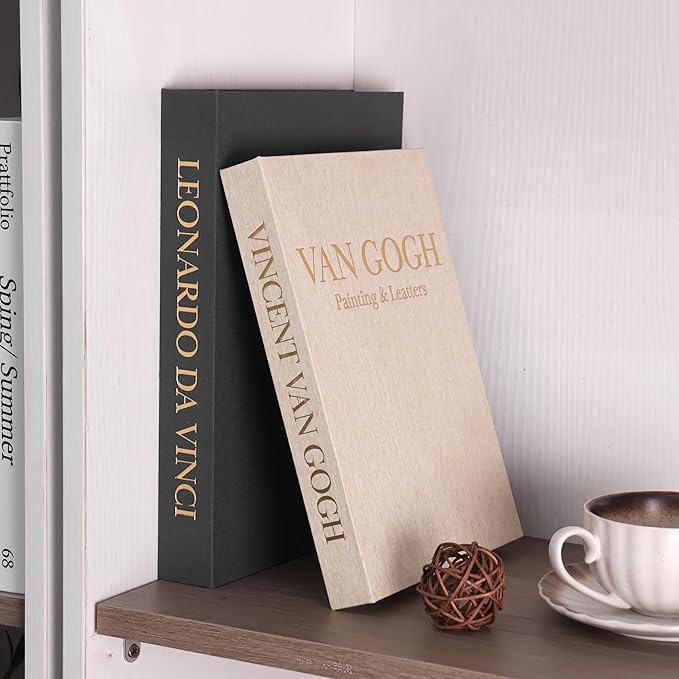 Premium Decorative Books - Set of 2 - Linen Storage Box for Coffee Table Faux Decor Boxes for Bookshelf Fake Books for Decoration for Living Room - Modern Home (Beige & Grey)