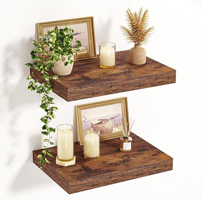 Vivelove 12" Deep Floating Shelves for Wall, 15.7" Long Wall Shelves for Living Room Bedroom Bathroom Kitchen Office, Farmhouse Rustic Shelves Home Decor, 15.7" X 12" X 1.5" Set of 2, Rustic Brown
