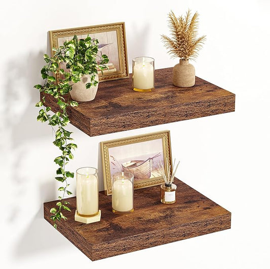 Vivelove 12" Deep Floating Shelves for Wall, 15.7" Long Wall Shelves for Living Room Bedroom Bathroom Kitchen Office, Farmhouse Rustic Shelves Home Decor, 15.7" X 12" X 1.5" Set of 2, Rustic Brown