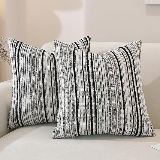 QDTTSRY Chenille Throw Decorative Pillow Covers 18x18 Set of 2, Textured Striped Boho Couch Pillow Covers, Cozy Neutral Farmhouse Cushion Cover for Couch Sofa Bedroom Living Room, Black
