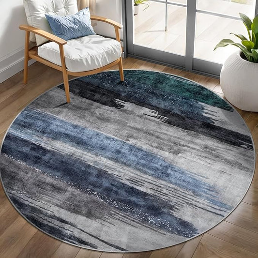 Ciicool 4ft Round Washable Rug, Modern Abstract Circle Rugs, Non-Slip Thin Low-Pile Rug Navy Grey Circular Print Distressed Carpet for Bedroom Living Room Under Dining Table Home Office Decor