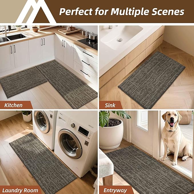 COSY HOMEER Kitchen Rugs 20"x32"+20"x48",Absorbent Soft Kitchen Mats for Floor,Non Slip Kitchen Runner Rug,Washable Kitchen Floor Mats for Sink Mat,Hallway,Laundry,Light Brown