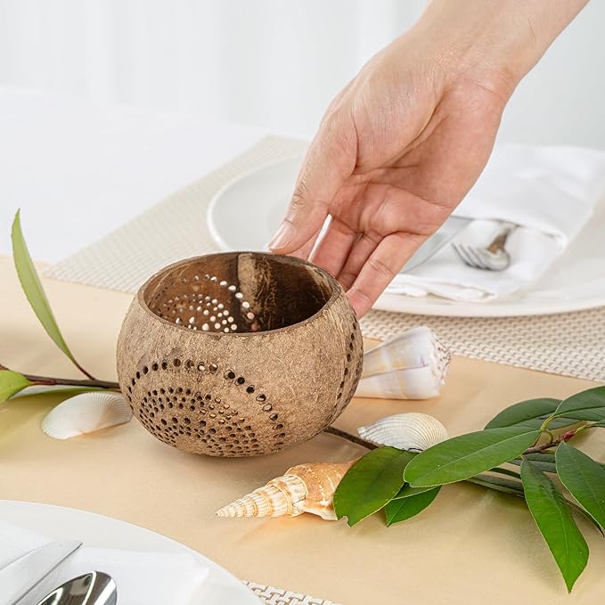 Restaurantware-Coco Casa 4 x 3.3 Inch Coconut Shell Candle Holders, 10 Reusable Tealight Holders - Candle Not Included, Rainbow Pattern, Tan Coconut Bowls For Candles, Handcrafted