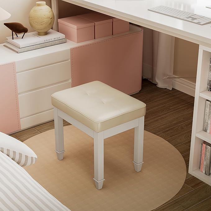 Vanity Stool Bench with Faux Leather Upholstered , Makeup Dressing Bench with Solid Wood Leg, Piano Bench Stools, Child Stool,18.5"L x 14.2"W x 18.5"H Stools, White Leg & Beige Surface FD2405PBG