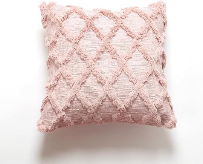 EMMTEEY Boho Throw Pillow Covers 18X18 - Single-Side Fluffy Stripe Stitching Embroidery, Wrinkle Resistant Pillow Case for Couch/Living Room/Bedroom Décor, Pink