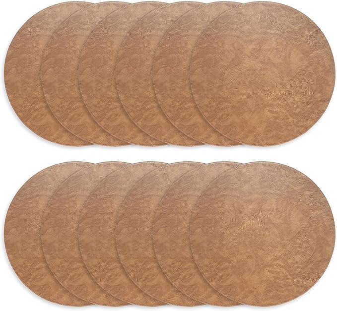 Morgan Faux Leather Round Set of 12 Placemats, 15", Camel, Heat Resistant, Stain Resistant, Non-Slip, Reversible, Durable Table Mats for Kitchen, Dining Table, Indoor Washable Use