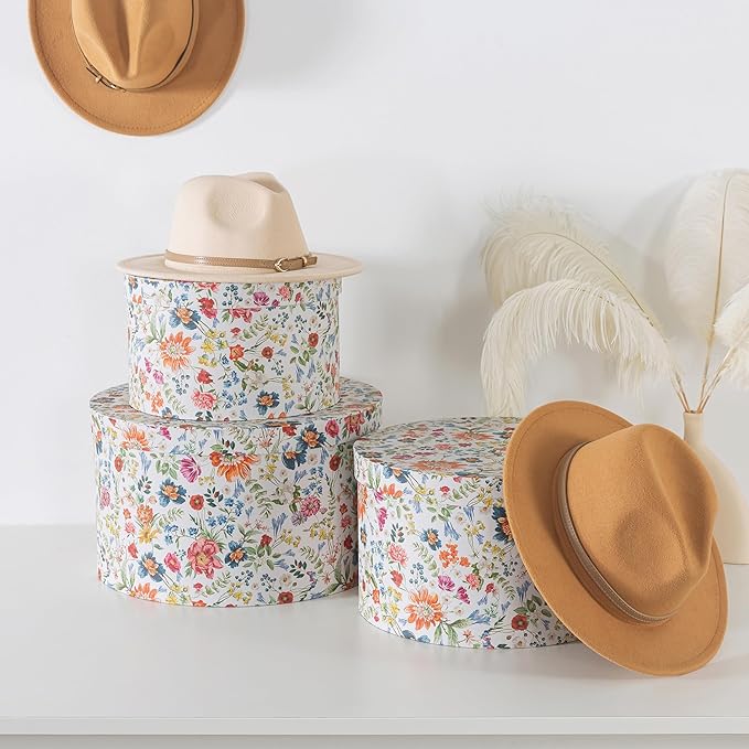 Soul & Lane Botanica Bliss Round Hat Boxes with Lids - Set of 3 Nesting Cardboard Hat Storage, Boho Floral Print Cases, Circle Stacking Decorative Keepsake Boxes