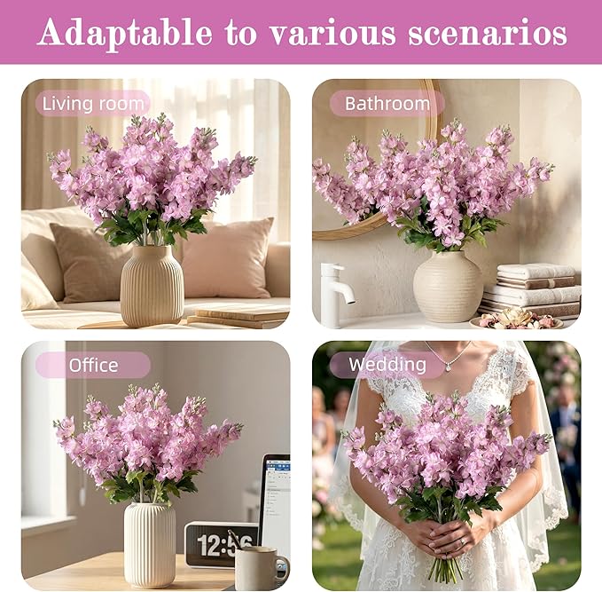 Fake Flowers 23.6” Delphinium Artificial Flowers 8Pcs Silk Flowers with Stems Long Stem Artificial Flowers for Tall Vase Faux Flowers for Indoor Home Decoration Wedding Decoration Centerpiece (Purple)