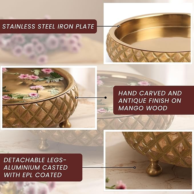 RITUALISTIC Chitra Wooden Urli for Flower Decoration Wooden Urli Bowl for Home Decorations Kitchen Décor Bowl for Decoration Perfect for Festive Occasion & Valentine's day gift | 11.5 inches Gold