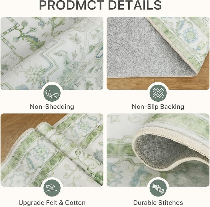 BESBLEE Area Rug 2x3 Doormat, Machine Washable Low Pile Vintage Rugs, Small Lightweight Rug Entryway Indoor Mat for Entrance, Hallway, Kitchen and Corridor, Cream Green