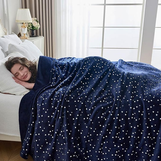 NANPIPER Fleece Blanket Heart Foil Print, King Size Soft Thick Microfiber, All Season Warm Lightweight Throw for Couch/Bed, 90"x108" Navy Blue
