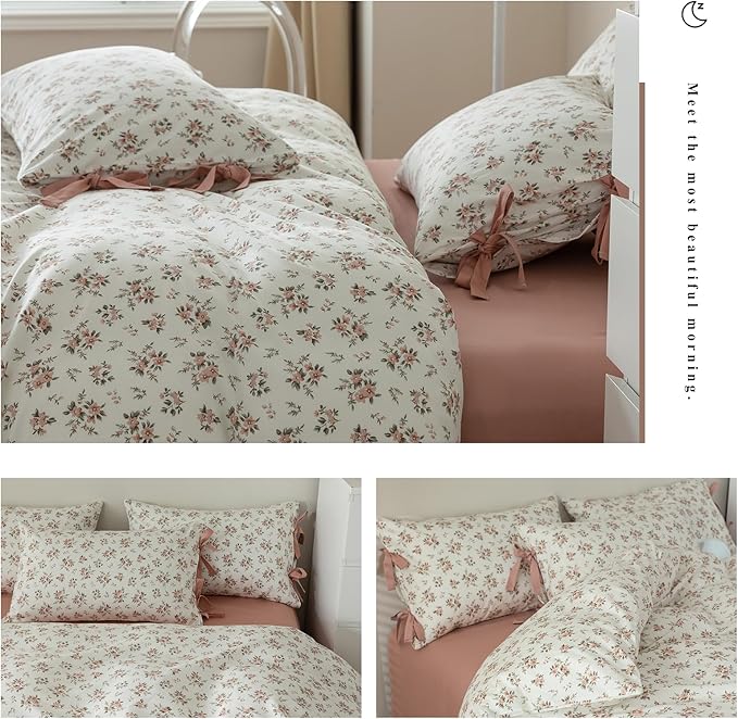 Pink Flower Duvet Cover Set Twin Soft Cotton Peach Floral Comforter Cover Girls Cottagecore Bedding Set Boho Floral Duvet Cover Vintage Country Bedding Flower Botanical Duvet Cover with Zipper Closure