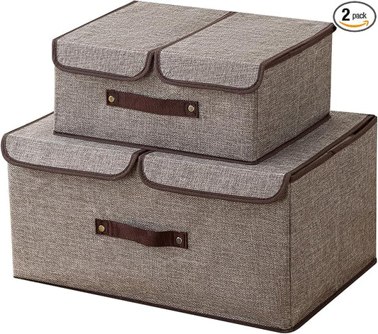 Linen Storage Boxes with Removable Dividers, 2-Pack Large Foldable Organizer Bins, Gray Fabric Containers with Handles for Clothes, Blankets, Underwear Storage (Grey, 2Pack*15L)
