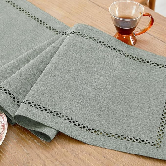 Burlap Style Farmhouse Table Runner, 13 x 90 Inch Grey, Rustic Geometric Hollow Table Runners 90 Inches Long for Dresser Table Everyday Use, 13x90 Inches, Grey